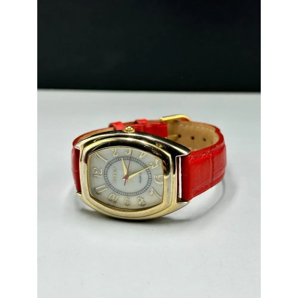 Gossip Watch Women Gold Tone Barrel Case Red Leather Band New Battery 9